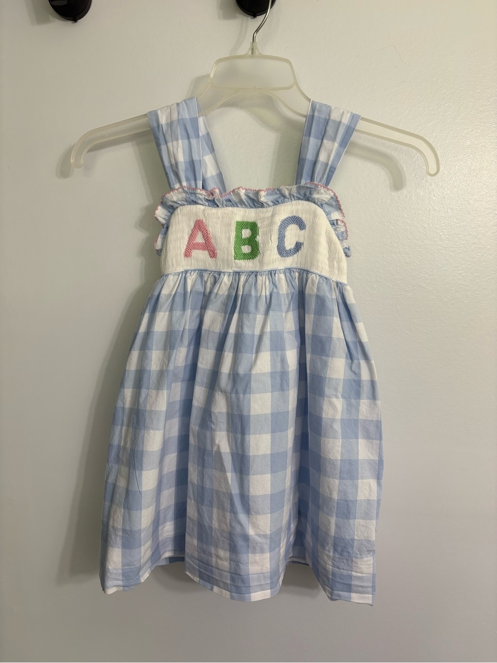 Cecil & Lou Blue Gingham Smocked School ABC Sun Dress Girl Size 4t Embroidered